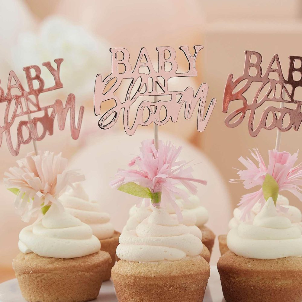 Baby Shower Cake Decorations |   Rose Gold Floral Baby Shower Cupcake Toppers Baby Shower Baby Shower Cake Decorations