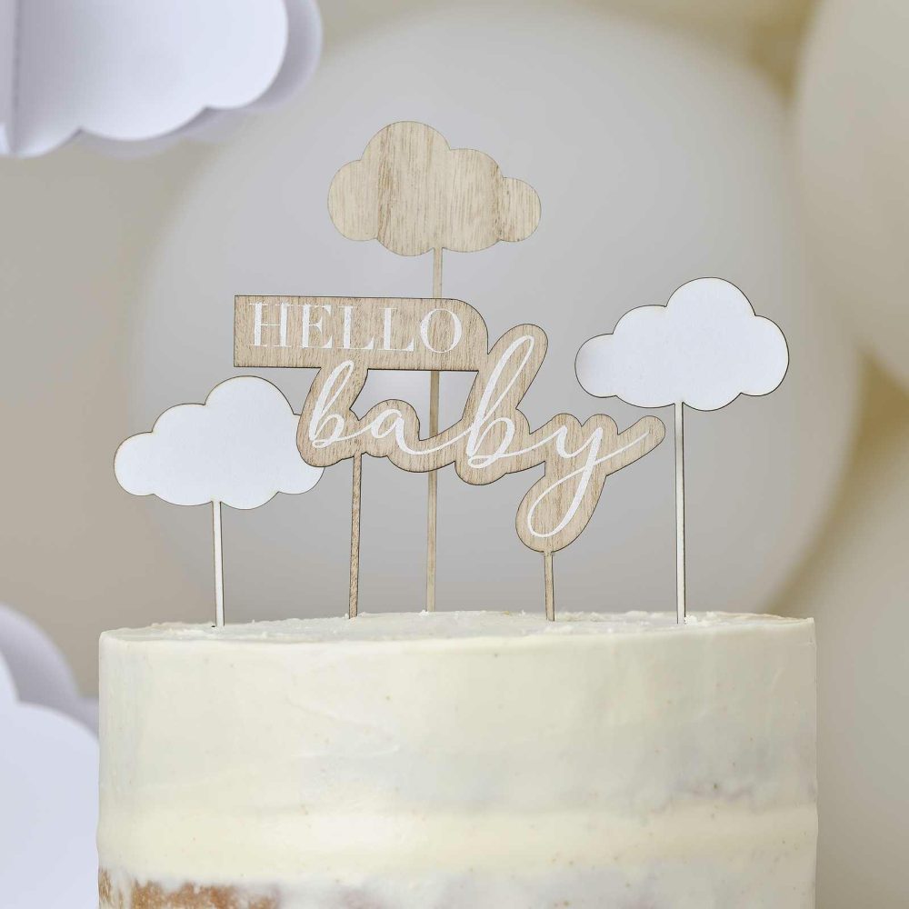 Baby Shower Cake Decorations |   Wooden Hello Baby And Clouds Baby Shower Cake Topper Baby Shower Baby Shower Cake Decorations