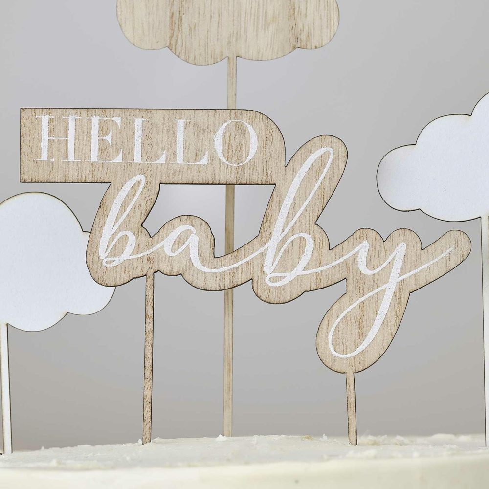 Baby Shower Cake Decorations |   Wooden Hello Baby And Clouds Baby Shower Cake Topper Baby Shower Baby Shower Cake Decorations