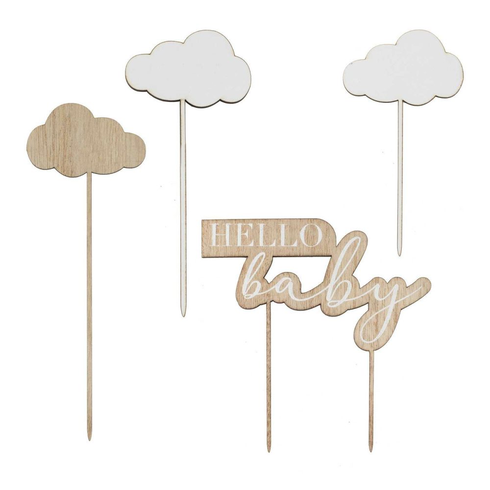 Baby Shower Cake Decorations |   Wooden Hello Baby And Clouds Baby Shower Cake Topper Baby Shower Baby Shower Cake Decorations