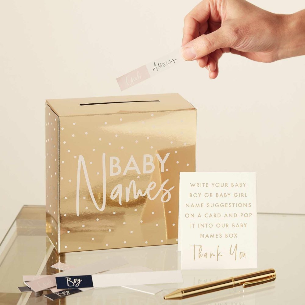 Baby Shower Games |   Gold Foiled Baby Names Box Baby Shower Baby Shower Games