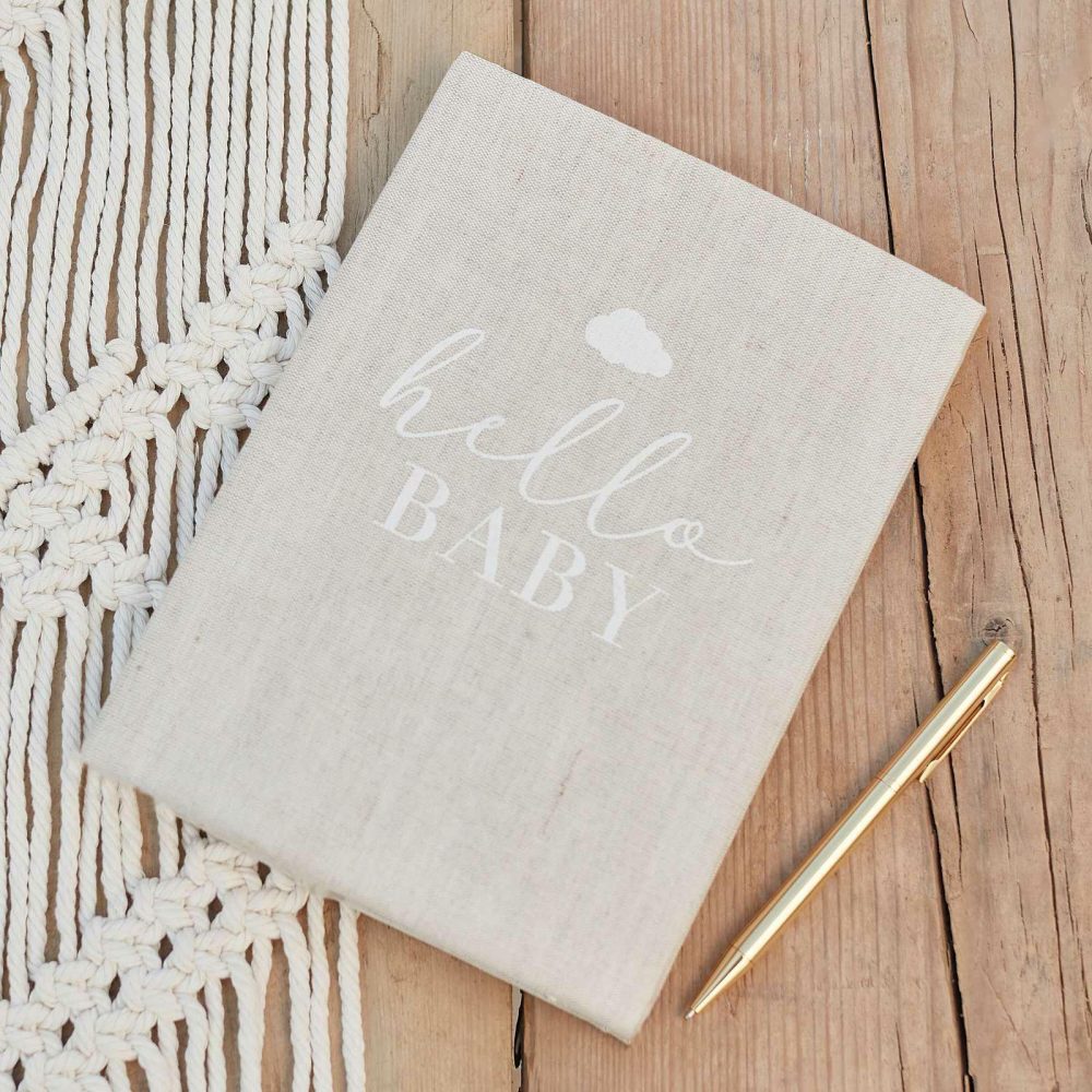 Baby Shower Guest Book |   Hello Baby Neutral Linen Baby Memory Book Baby Shower Baby Shower Guest Book