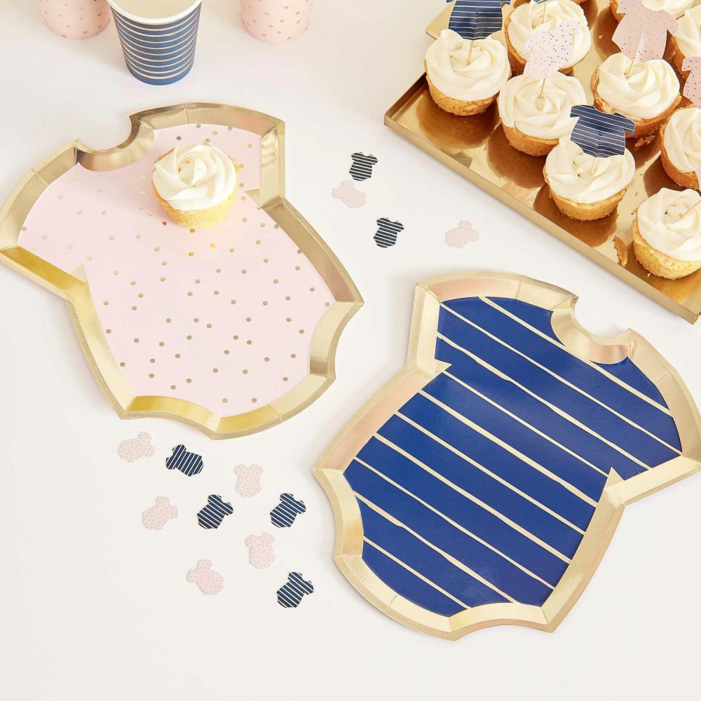 Baby Shower Tableware |   Gold Foiled Pink And Navy Baby Grow Gender Reveal Party Plates Baby Shower Baby Shower Tableware