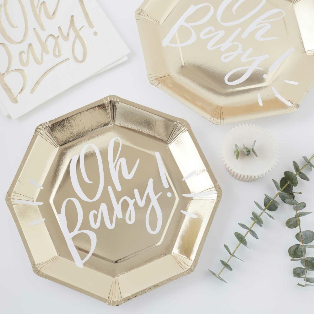 Baby Shower Tableware |   Oh Baby! Gold Foiled Paper Plates Baby Shower Baby Shower Tableware