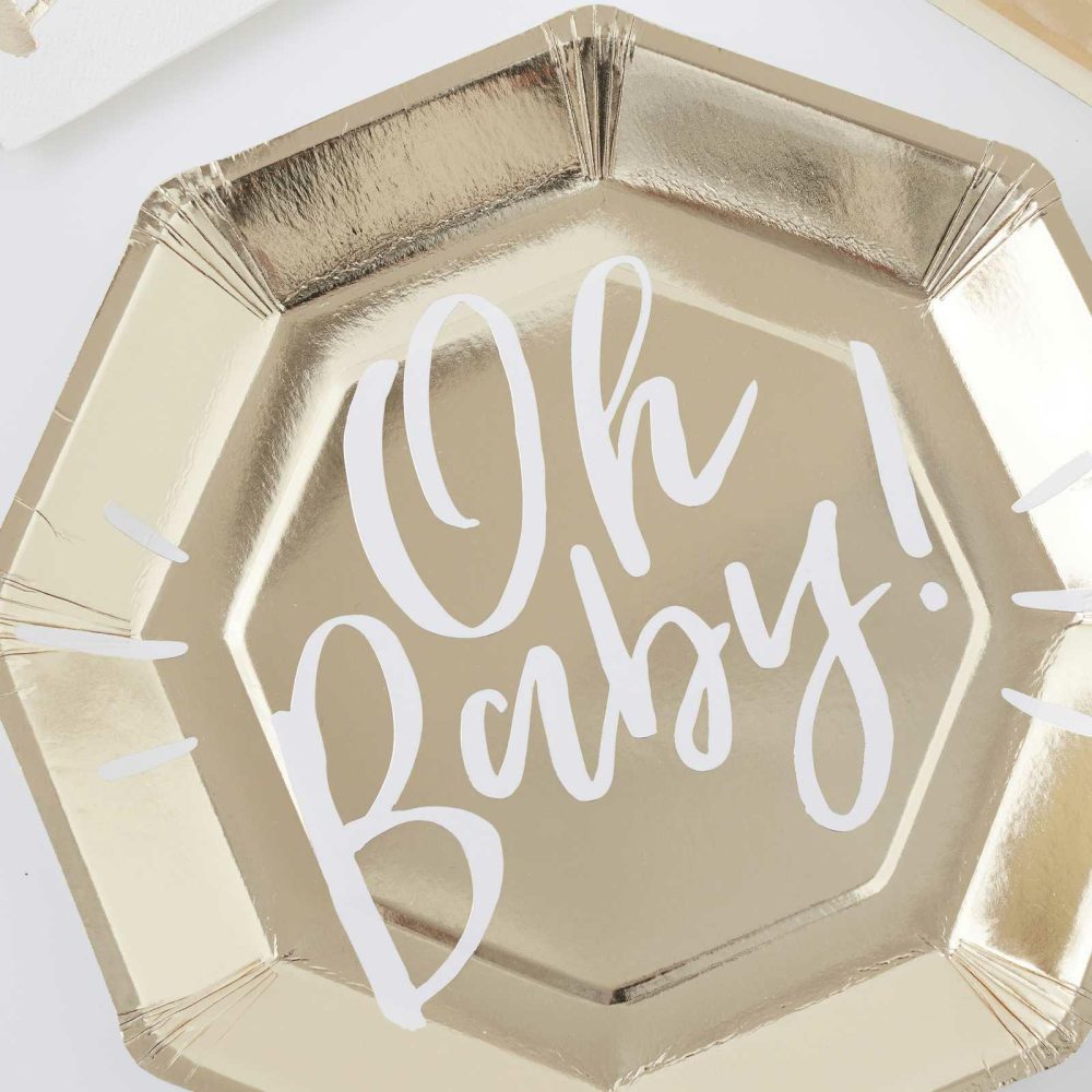 Baby Shower Tableware |   Oh Baby! Gold Foiled Paper Plates Baby Shower Baby Shower Tableware