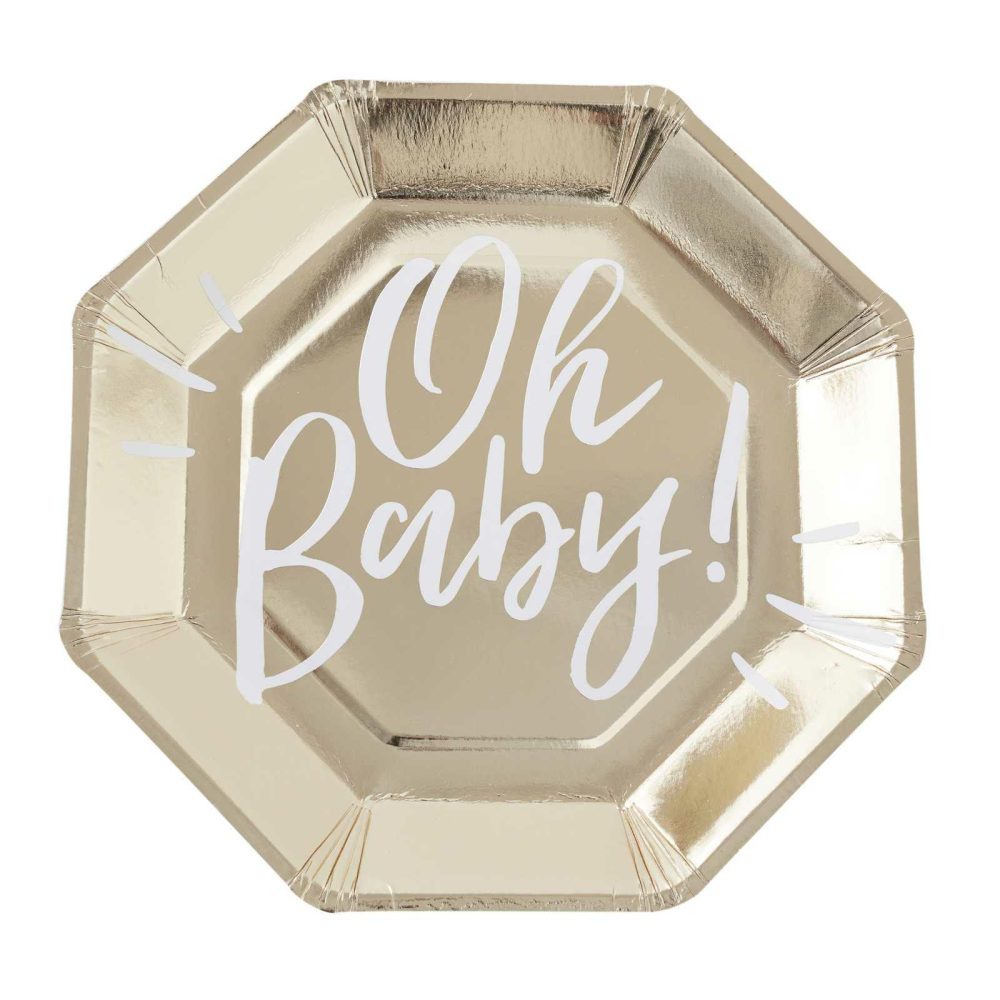 Baby Shower Tableware |   Oh Baby! Gold Foiled Paper Plates Baby Shower Baby Shower Tableware