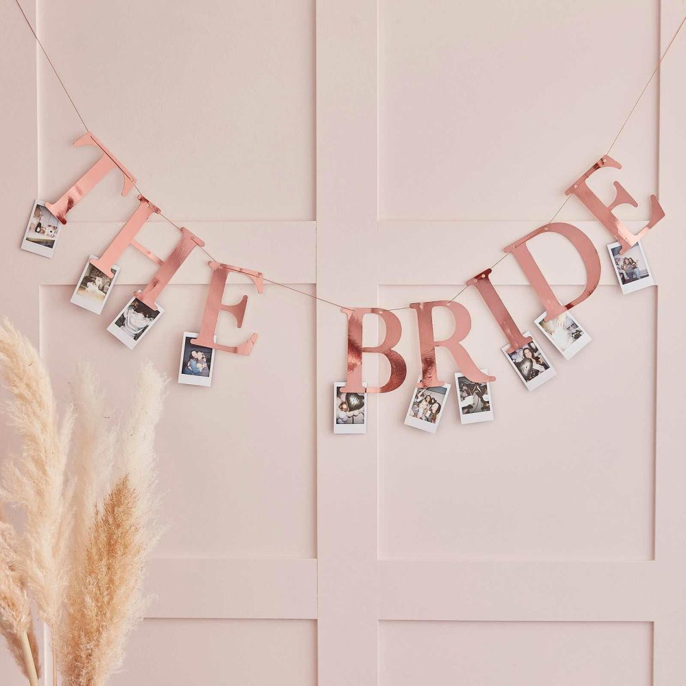 Bachelorette Party Banners |   Rose Gold The Bride Bachelorette Party Bunting With Photo Pegs Bachelorette Party Banners Bachelorette Party Banners