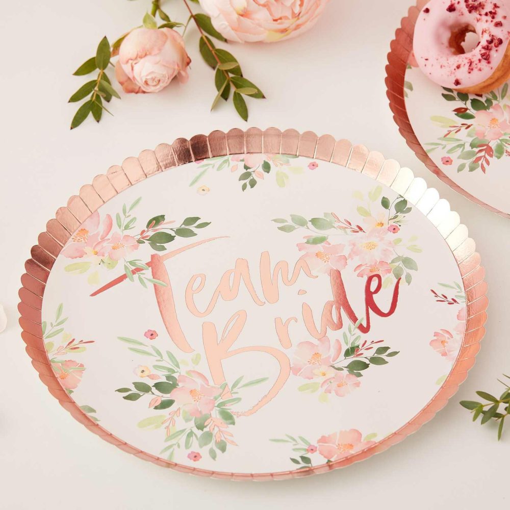 Bachelorette Party Tableware |   Team Bride Rose Gold Foiled Floral Plates Bachelorette Party Decorations Bachelorette Party Tableware