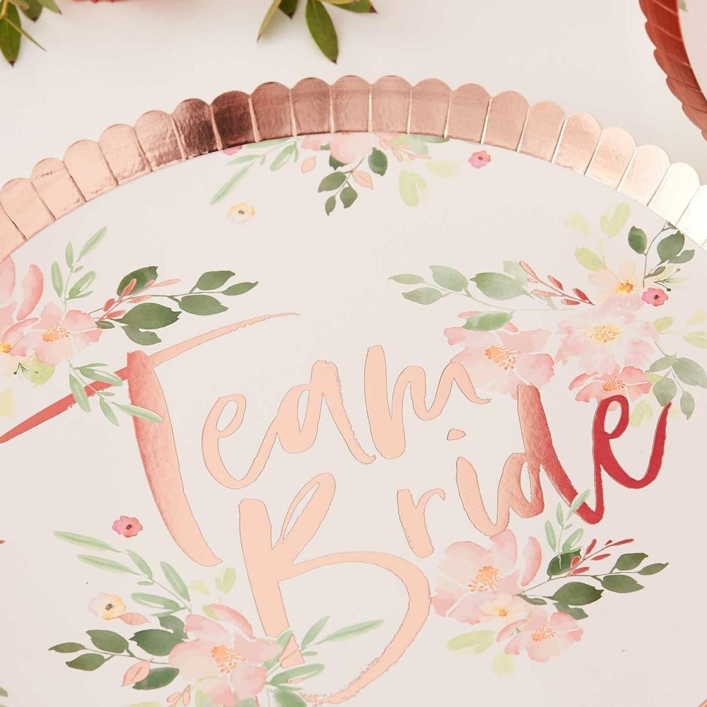 Bachelorette Party Tableware |   Team Bride Rose Gold Foiled Floral Plates Bachelorette Party Decorations Bachelorette Party Tableware