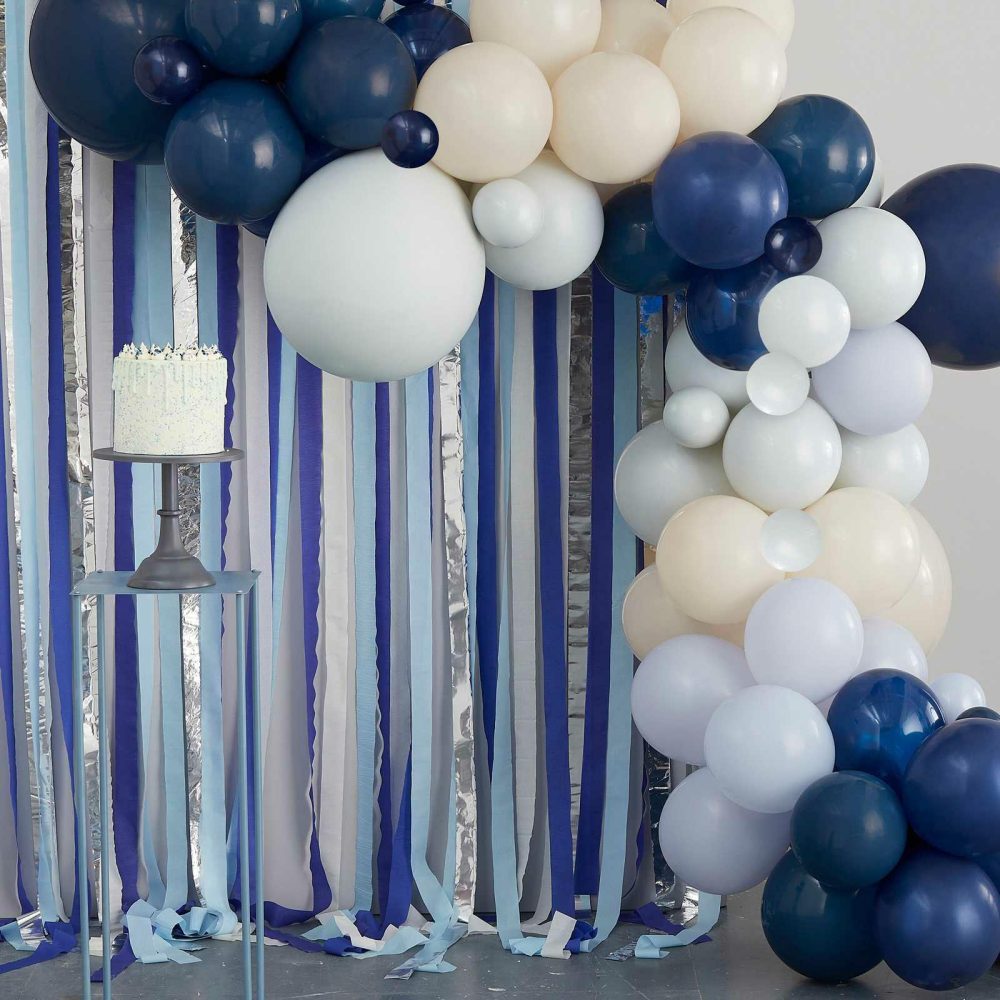 Backdrops |   Blue, Cream & Silver Streamer And Balloon Arch Party Backdrop Backdrops Backdrops