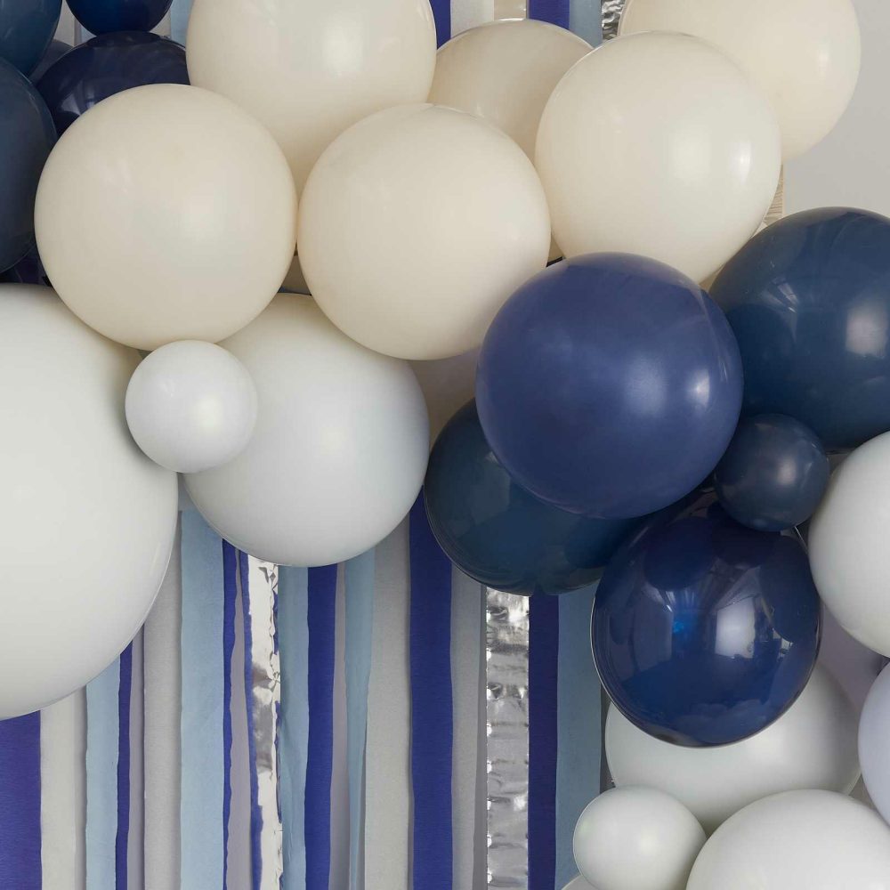 Backdrops |   Blue, Cream & Silver Streamer And Balloon Arch Party Backdrop Backdrops Backdrops