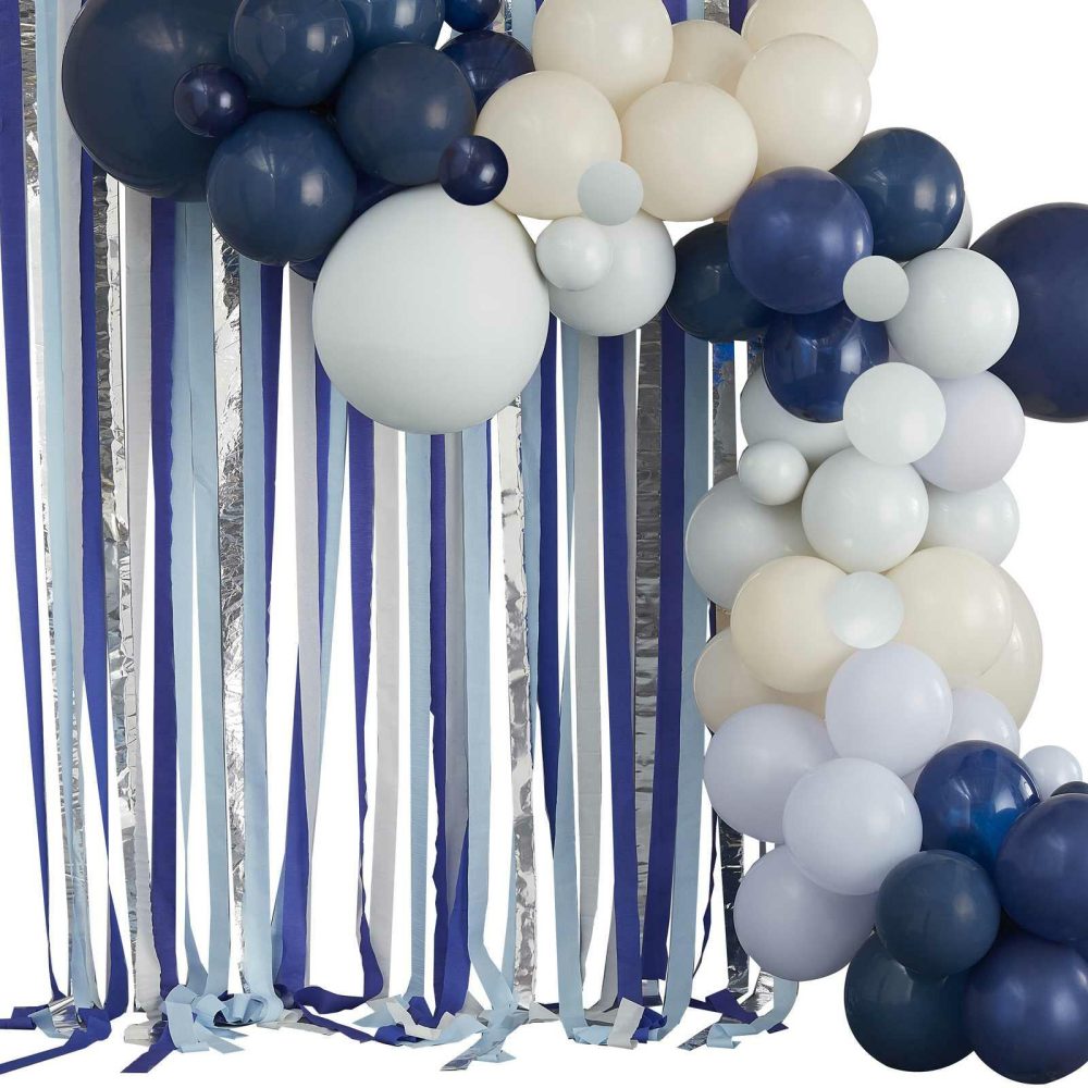 Backdrops |   Blue, Cream & Silver Streamer And Balloon Arch Party Backdrop Backdrops Backdrops