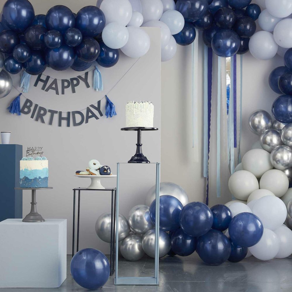 Backdrops |   Blue, Cream & Silver Streamer And Balloon Arch Party Backdrop Backdrops Backdrops