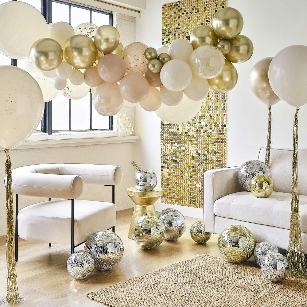 Backdrops |   Gold Foil Curtain Backdrop With Cream Paper Streamers Backdrops Backdrops