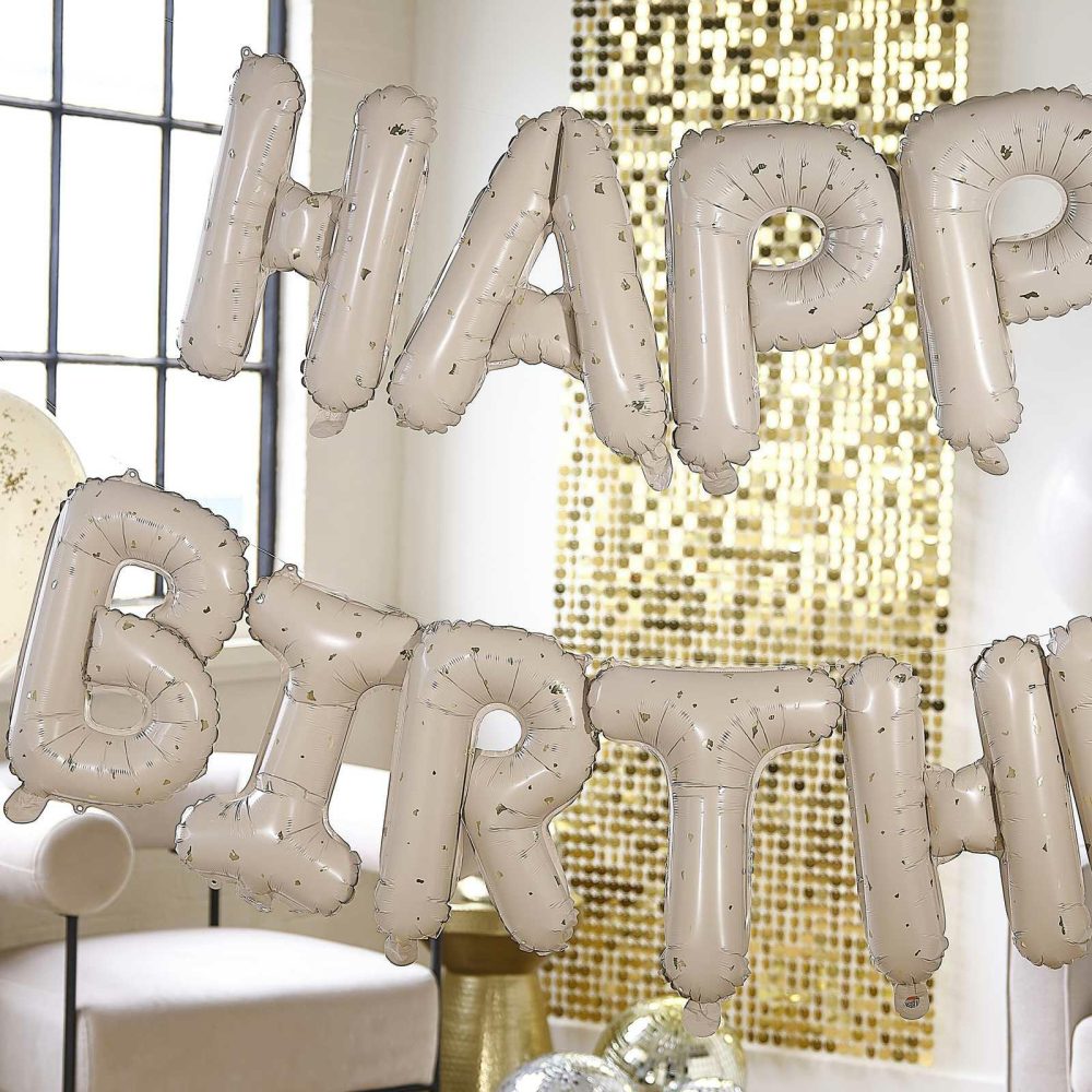 Backdrops |   Nude And Gold Speckle Happy Birthday Balloon Bunting Backdrops Backdrops