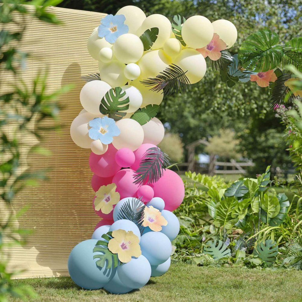 Balloon Arches |   Blue, Pink, Green & Yellow Hawaiian Tiki Balloon Arch With Tropical Flowers And Foliage Balloon Arches Balloon Arches