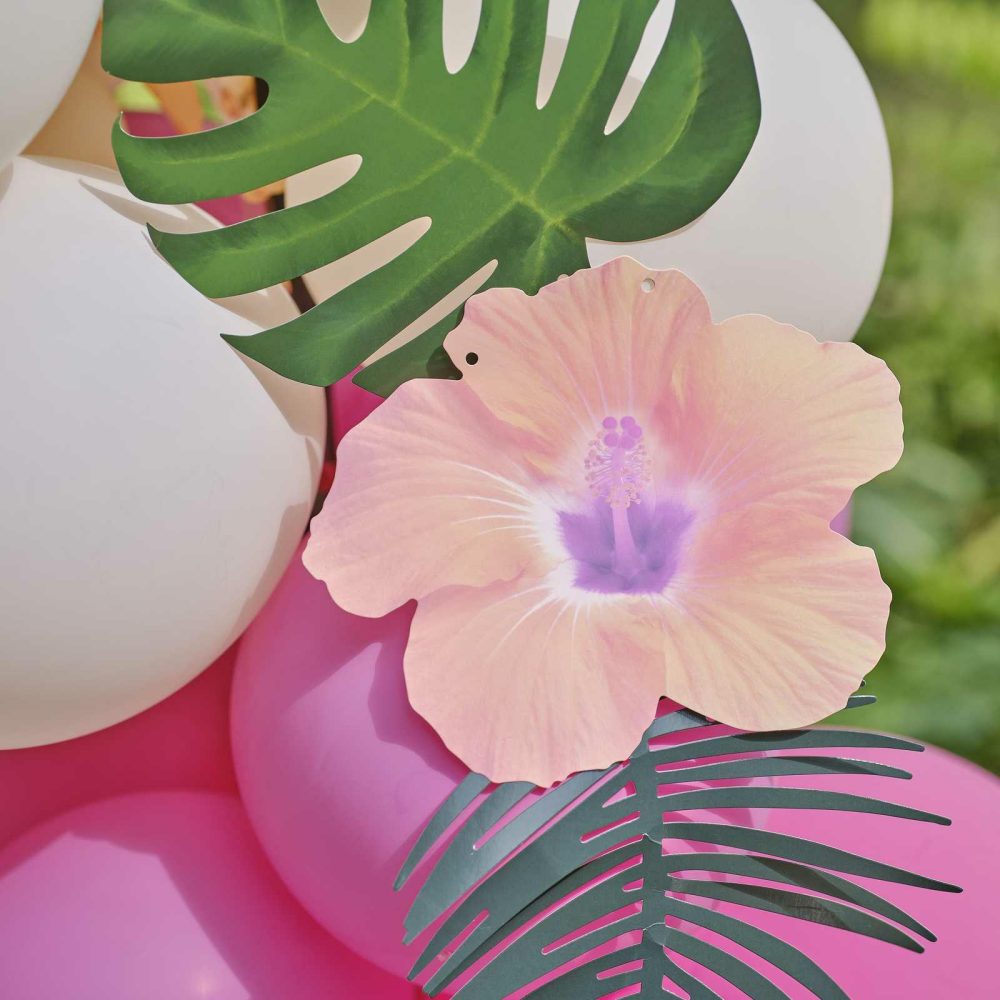 Balloon Arches |   Blue, Pink, Green & Yellow Hawaiian Tiki Balloon Arch With Tropical Flowers And Foliage Balloon Arches Balloon Arches