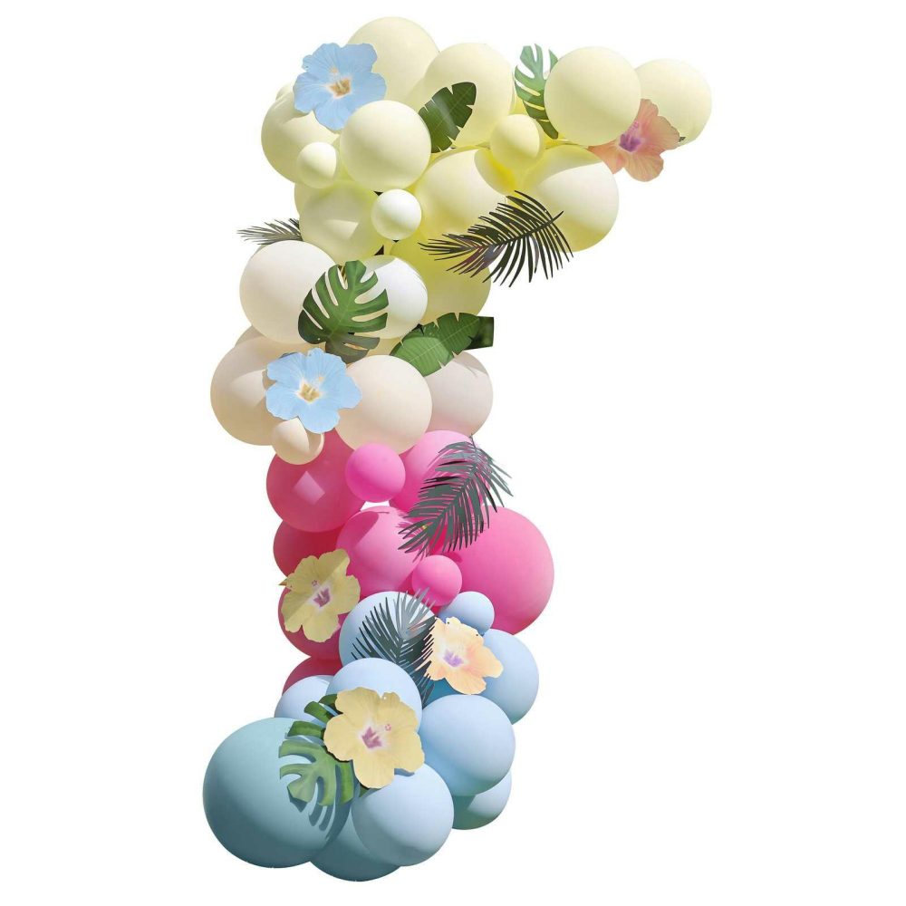 Balloon Arches |   Blue, Pink, Green & Yellow Hawaiian Tiki Balloon Arch With Tropical Flowers And Foliage Balloon Arches Balloon Arches