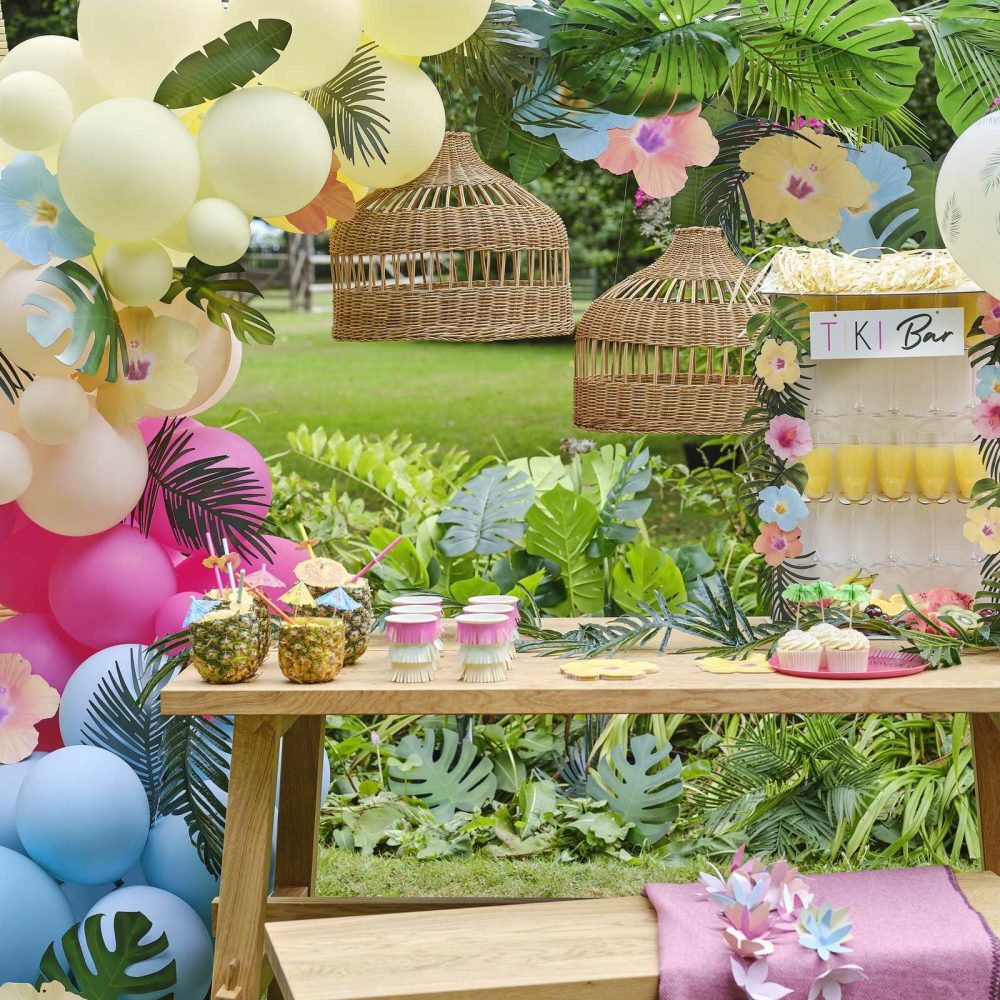 Balloon Arches |   Blue, Pink, Green & Yellow Hawaiian Tiki Balloon Arch With Tropical Flowers And Foliage Balloon Arches Balloon Arches