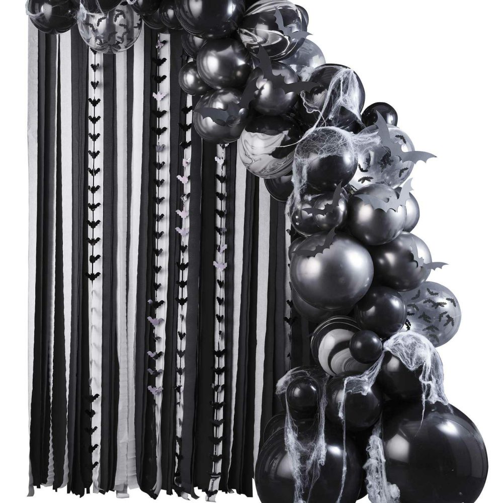 Balloon Arches |   Halloween Balloon Arch Backdrop With Streamers, Cobwebs & Bats Balloon Arches Balloon Arches