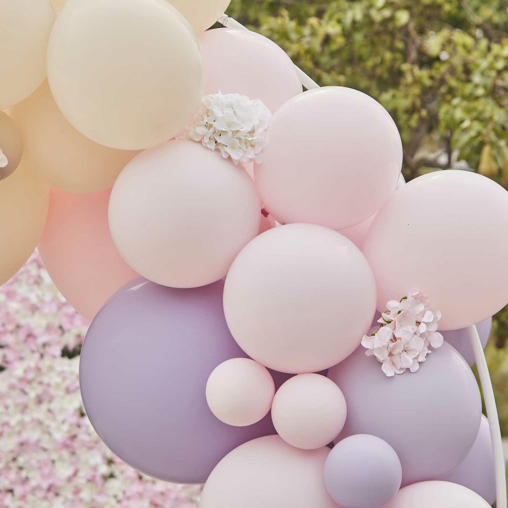 Balloon Arches |   Luxe Pink, Lilac & Grey Balloon Arch With Hydrangeas Balloon Arches Balloon Arches