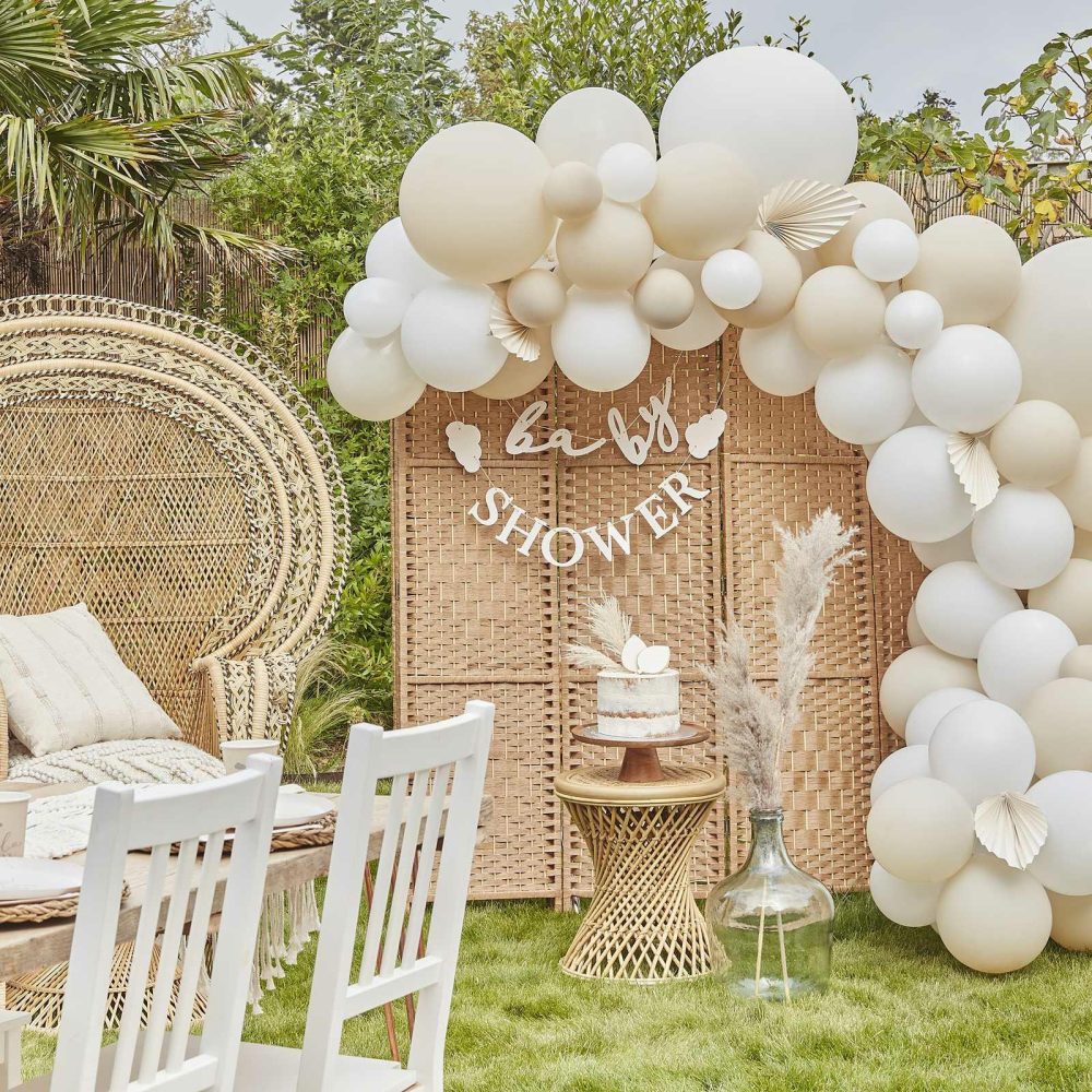 Balloon Arches |   Nude & White Balloon Arch With Paper Fans Balloon Arches Balloon Arches