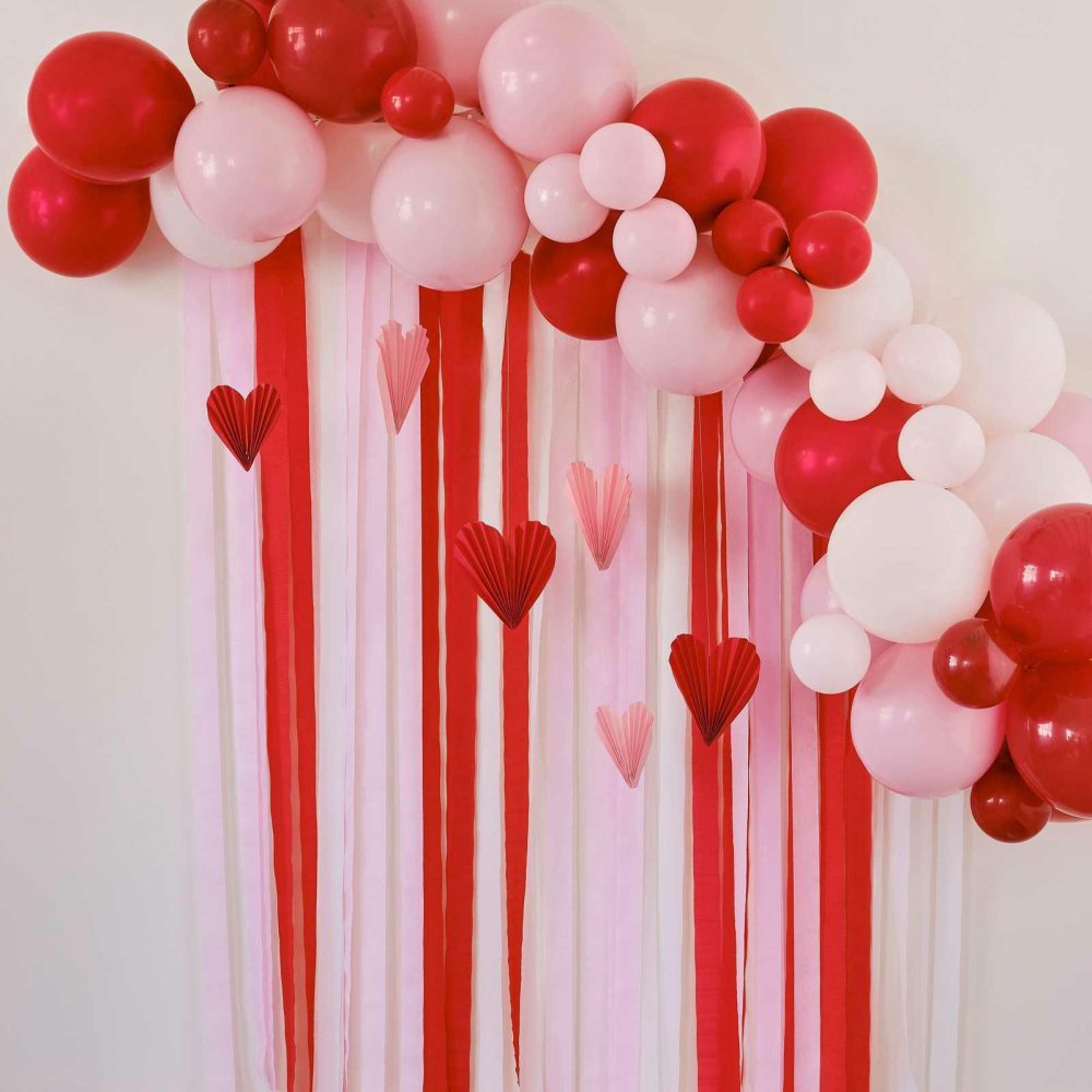 Balloon Arches |   Red & Pink Balloon Arch Party Backdrop With Streamers And Paper Heart Decorations Balloon Arches Balloon Arches