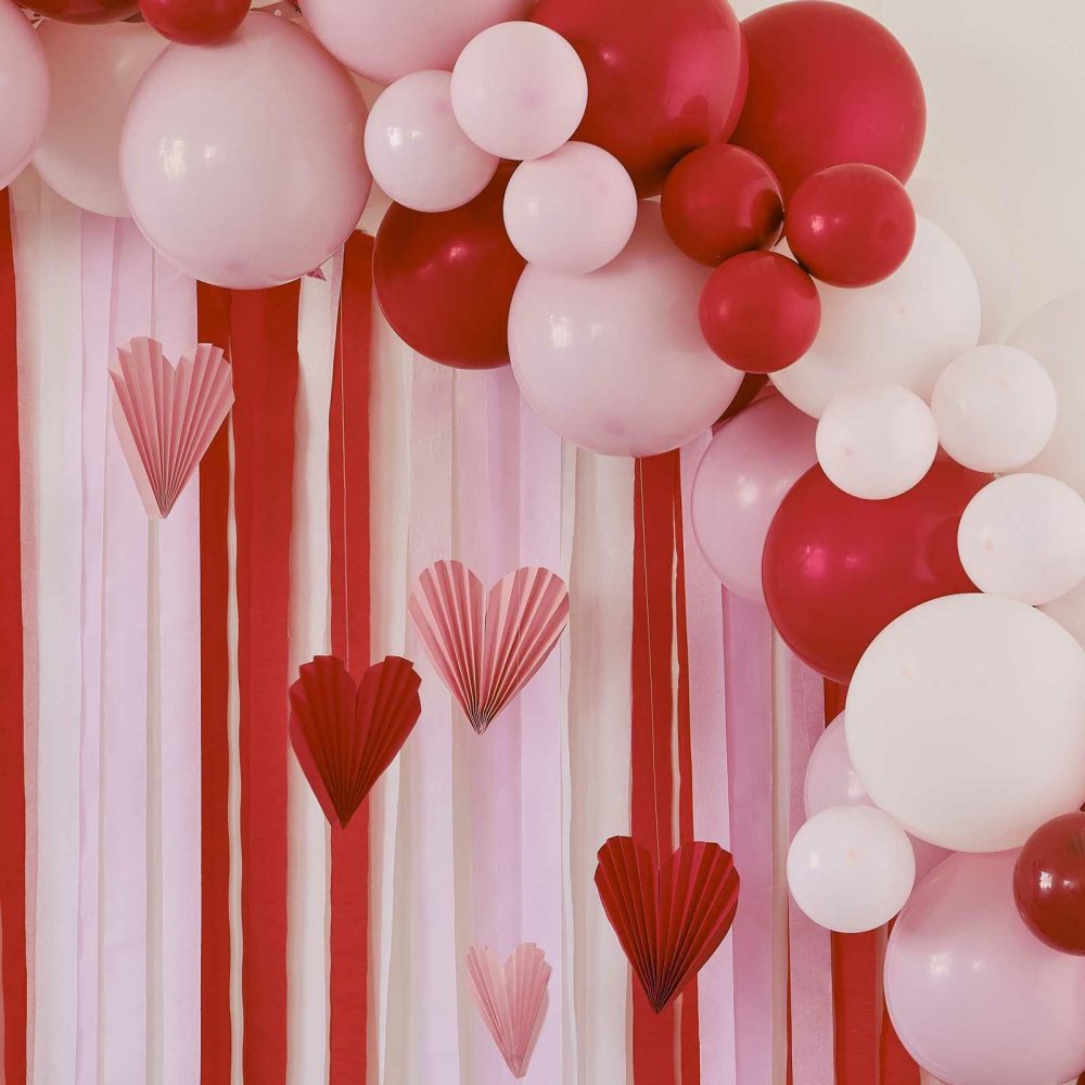 Balloon Arches |   Red & Pink Balloon Arch Party Backdrop With Streamers And Paper Heart Decorations Balloon Arches Balloon Arches