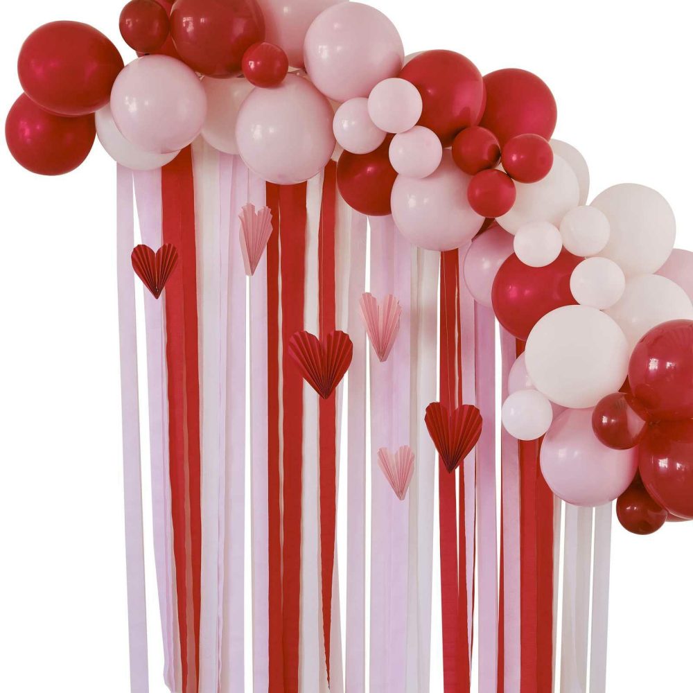 Balloon Arches |   Red & Pink Balloon Arch Party Backdrop With Streamers And Paper Heart Decorations Balloon Arches Balloon Arches