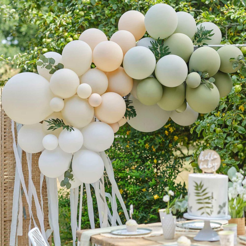 Balloon Arches |   Taupe, Peach & Sage Balloon Arch With Eucalyptus, Sage Foliage And Streamers Balloon Arches Balloon Arches