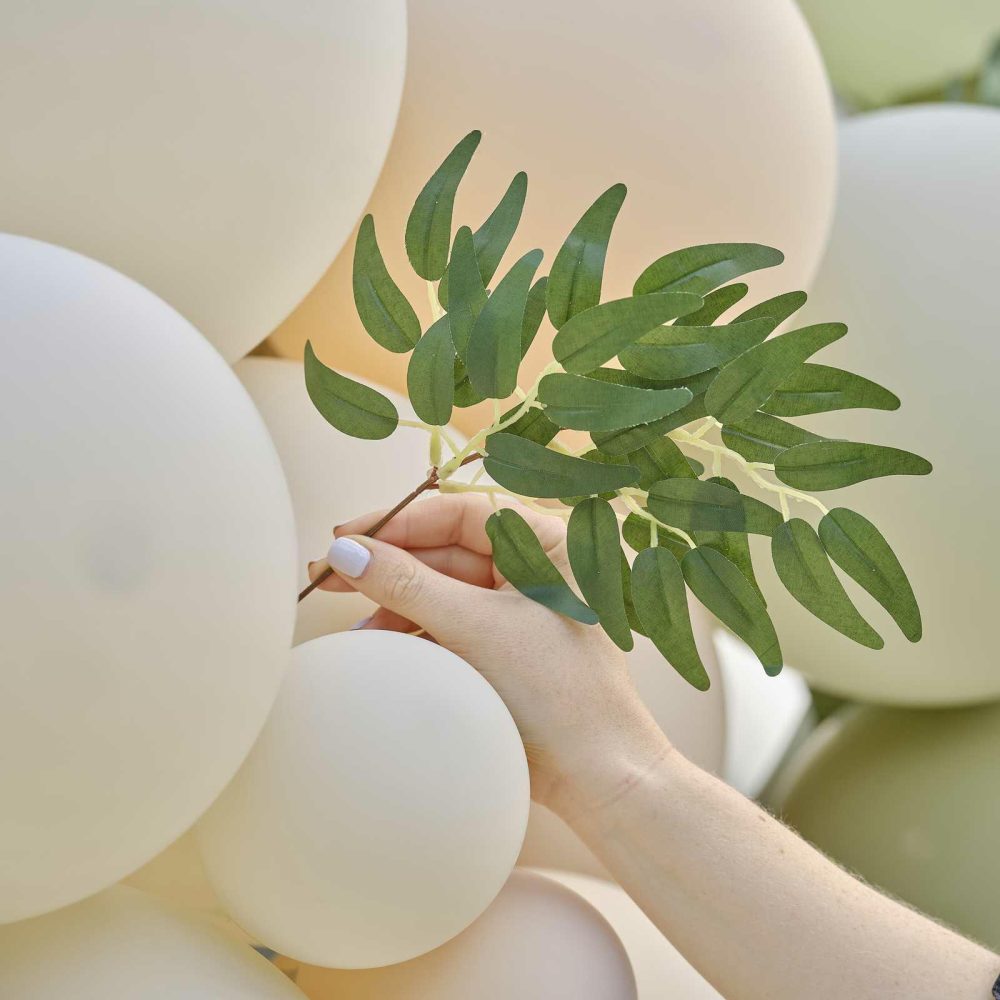 Balloon Arches |   Taupe, Peach & Sage Balloon Arch With Eucalyptus, Sage Foliage And Streamers Balloon Arches Balloon Arches