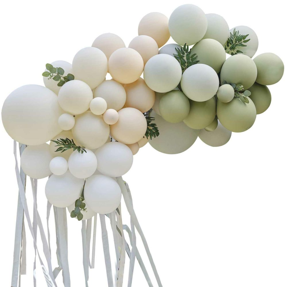 Balloon Arches |   Taupe, Peach & Sage Balloon Arch With Eucalyptus, Sage Foliage And Streamers Balloon Arches Balloon Arches