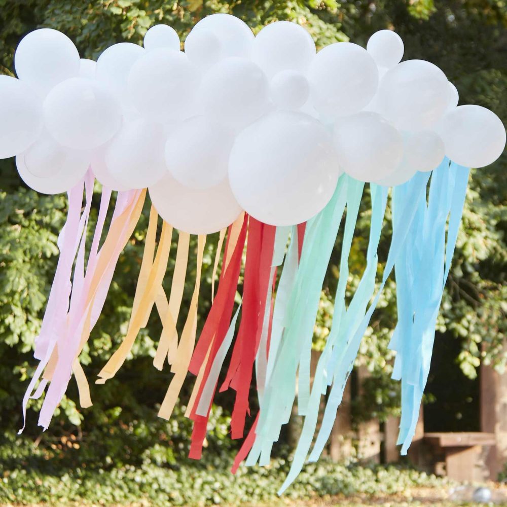 Balloon Arches |   White Cloud Balloon Garland With Rainbow Streamers Balloon Arches Balloon Arches