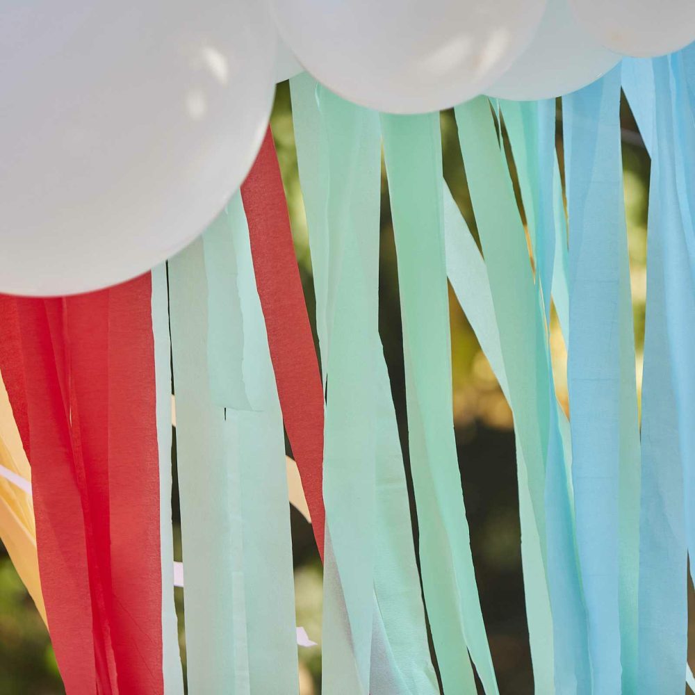 Balloon Arches |   White Cloud Balloon Garland With Rainbow Streamers Balloon Arches Balloon Arches