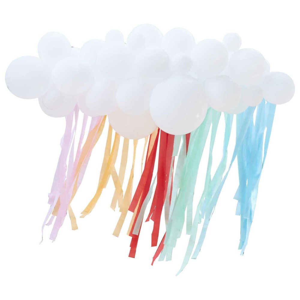 Balloon Arches |   White Cloud Balloon Garland With Rainbow Streamers Balloon Arches Balloon Arches