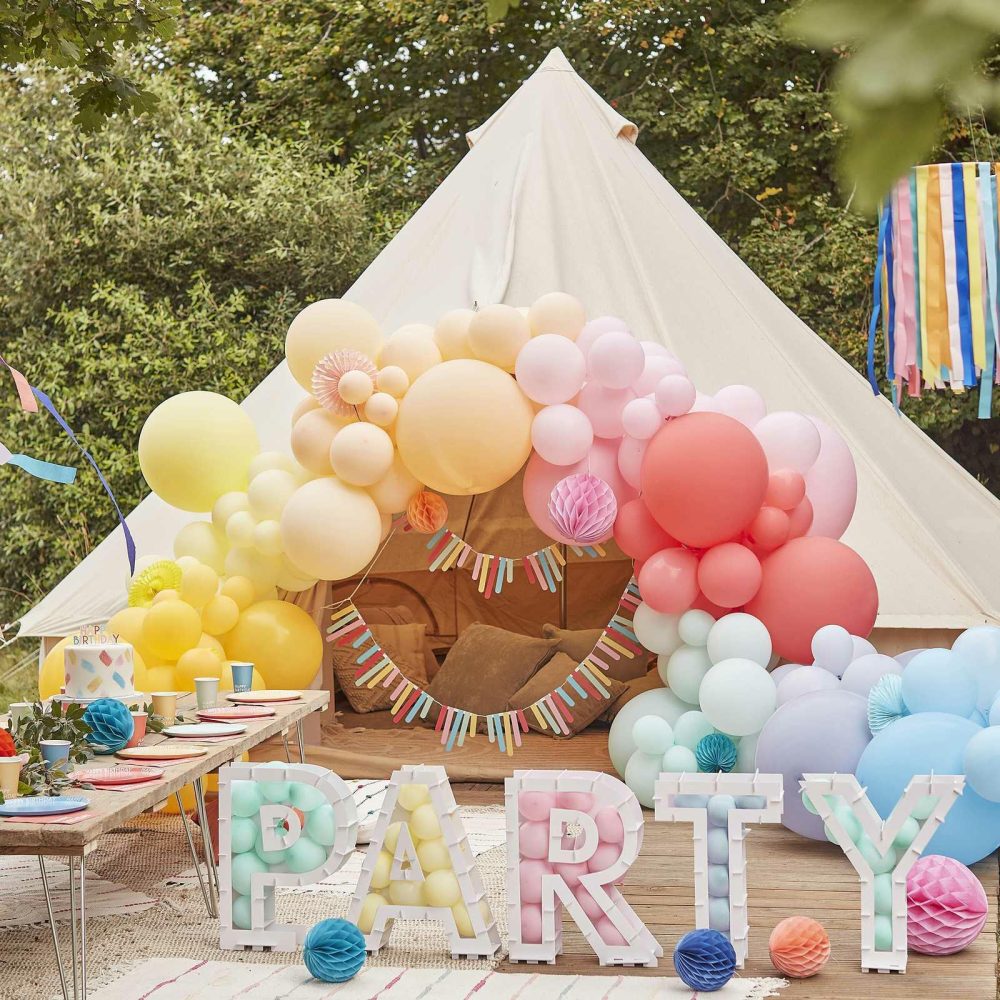 Balloon Arches |   White Cloud Balloon Garland With Rainbow Streamers Balloon Arches Balloon Arches