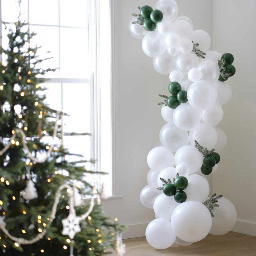 Balloon Arches |   White & Dark Green Snowy Christmas Balloon Arch With Frosted Foliage Balloon Arches Balloon Arches