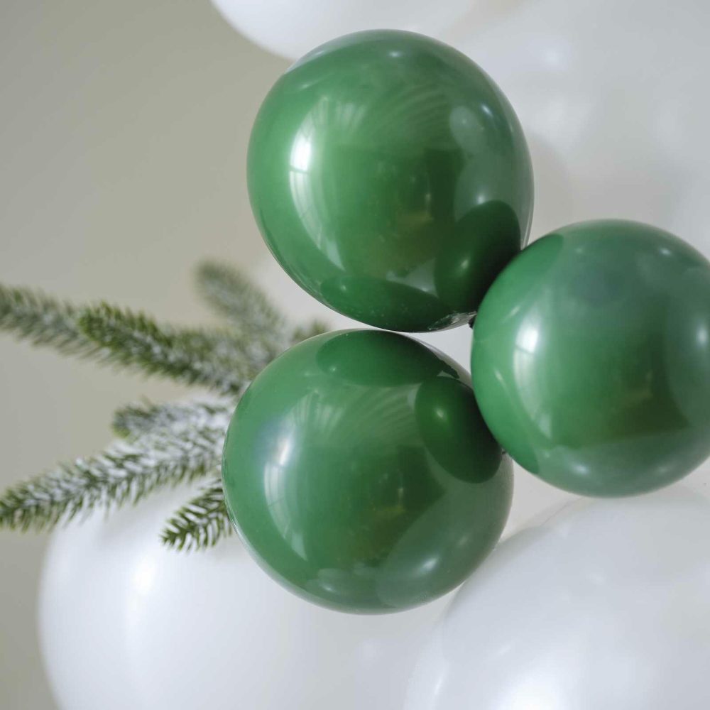 Balloon Arches |   White & Dark Green Snowy Christmas Balloon Arch With Frosted Foliage Balloon Arches Balloon Arches