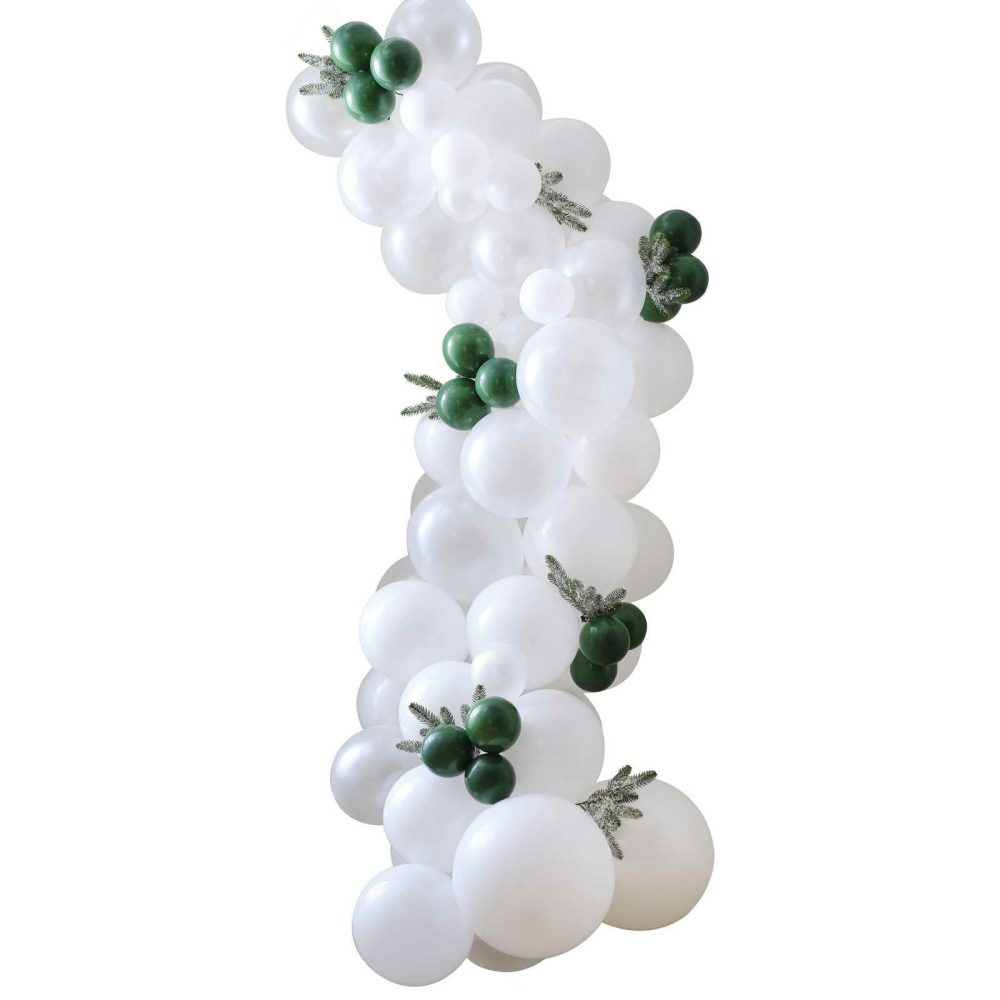 Balloon Arches |   White & Dark Green Snowy Christmas Balloon Arch With Frosted Foliage Balloon Arches Balloon Arches