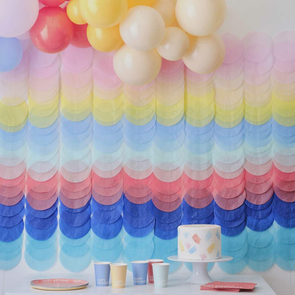 Birthday Backdrops |   Rainbow Tissue Paper Disc Party Backdrop Birthday Backdrops Birthday Backdrops