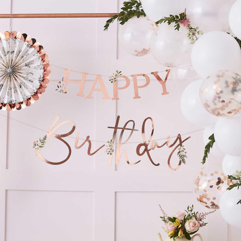 Birthday Banners |   Floral Rose Gold Happy Birthday Banner Birthday Banners Birthday Banners