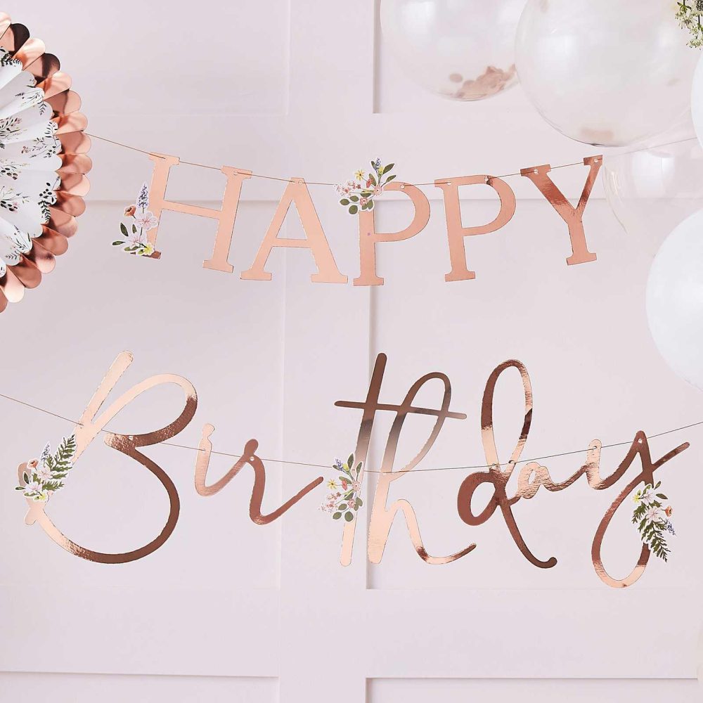 Birthday Banners |   Floral Rose Gold Happy Birthday Banner Birthday Banners Birthday Banners