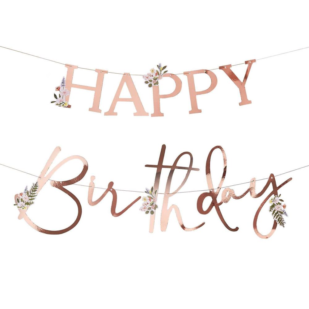 Birthday Banners |   Floral Rose Gold Happy Birthday Banner Birthday Banners Birthday Banners