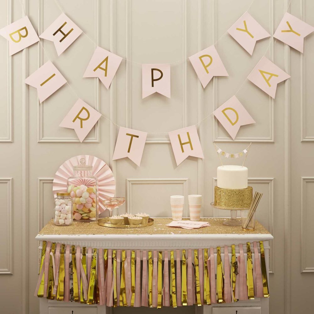 Birthday Banners |   Pink And Gold Foil Happy Birthday Bunting Birthday Banners Birthday Banners