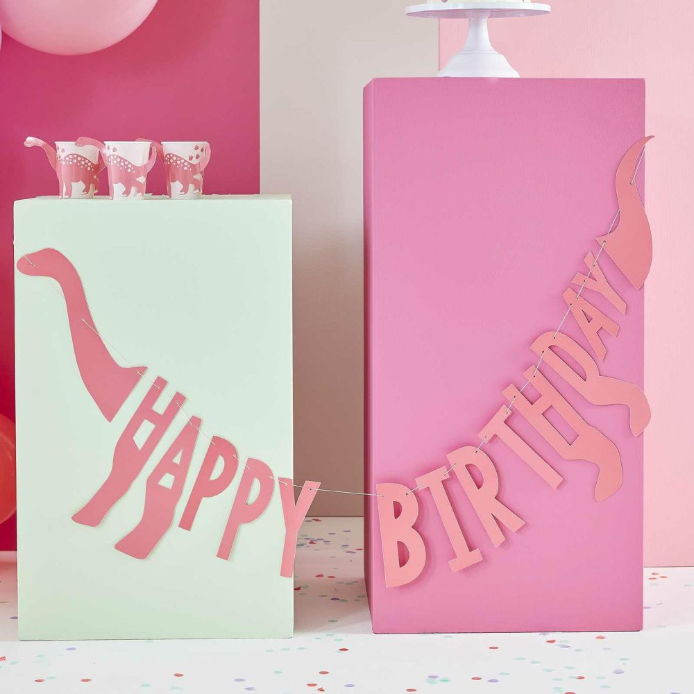 Birthday Banners |   Pink Happy Birthday Dinosaur Shaped Bunting Birthday Banners Birthday Banners