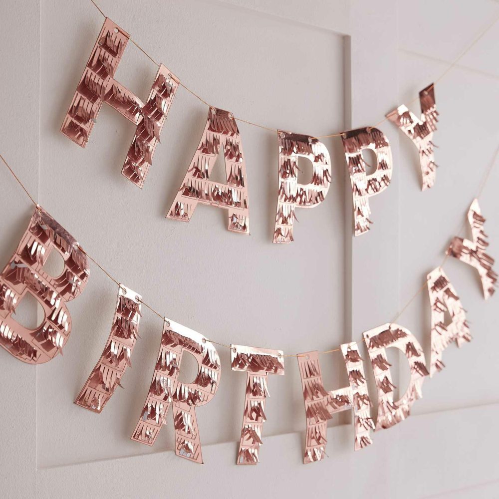 Birthday Banners |   Rose Gold Fringe Happy Birthday Bunting Birthday Banners Birthday Banners