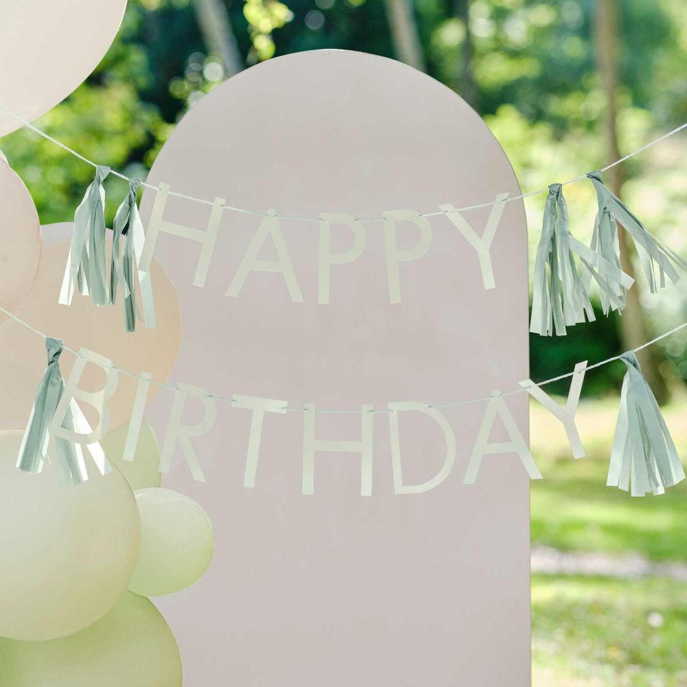 Birthday Banners |   Sage Green Happy Birthday Bunting Decoration With Tassels Birthday Banners Birthday Banners