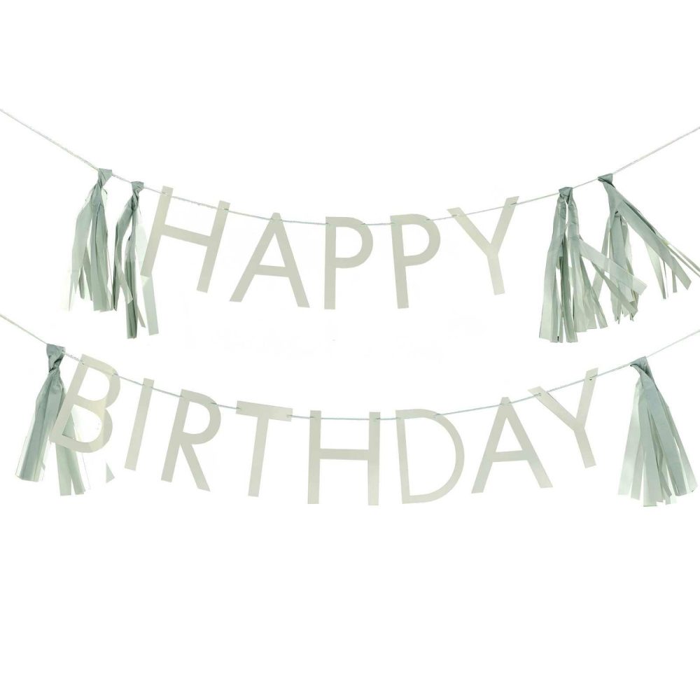 Birthday Banners |   Sage Green Happy Birthday Bunting Decoration With Tassels Birthday Banners Birthday Banners