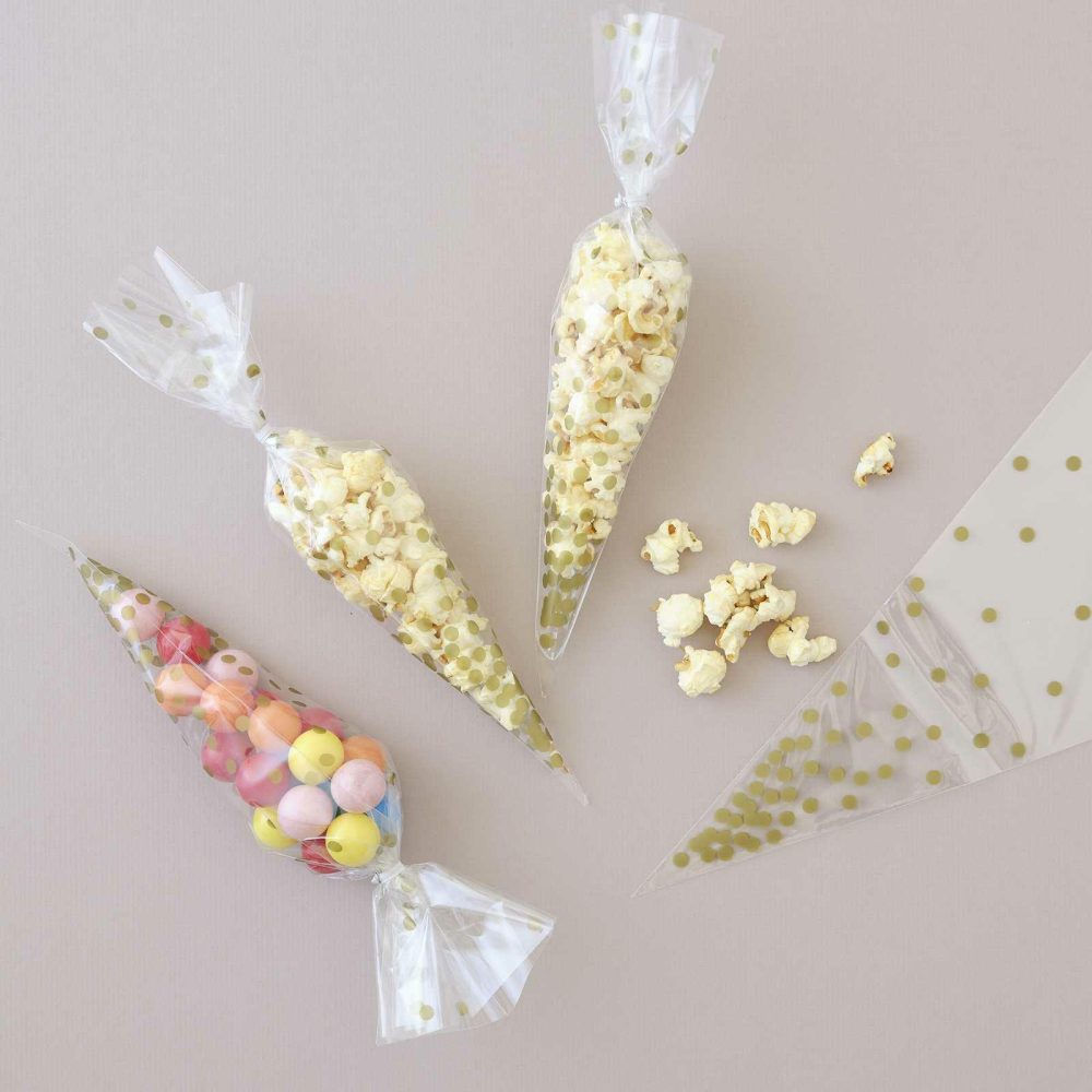 Birthday Tableware |   Gold Spotty Cone Bags Birthday Decorations Birthday Tableware