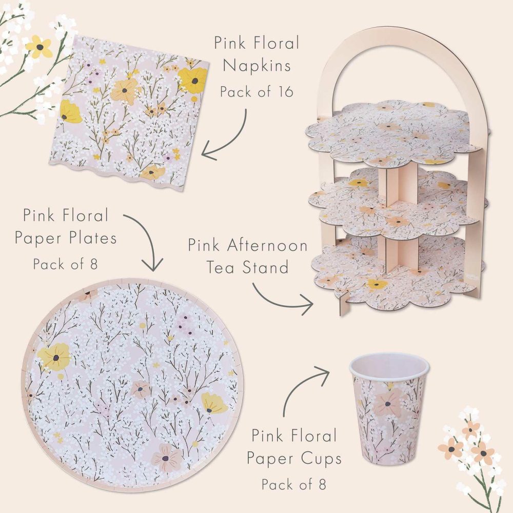 Birthday Tableware |   Pink Floral Afternoon Tea Stand & Party Tableware Kit Birthday Decorations Birthday Tableware